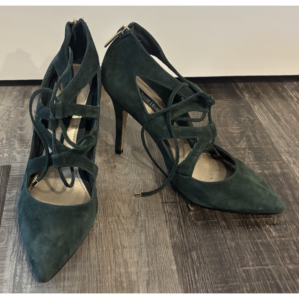 White House Black Market Dark Green Suede Lace Up Heels Women's Size 7.5M